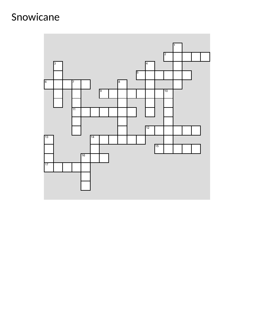 Winter-themed crossword puzzle with snow, snowball fight, and seasonal vocabulary.