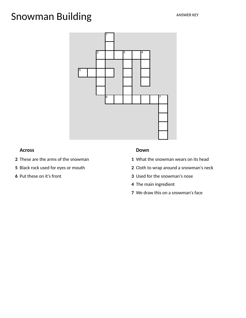 Snowman-building crossword with vocabulary like carrot, coal, scarf, and sticks.