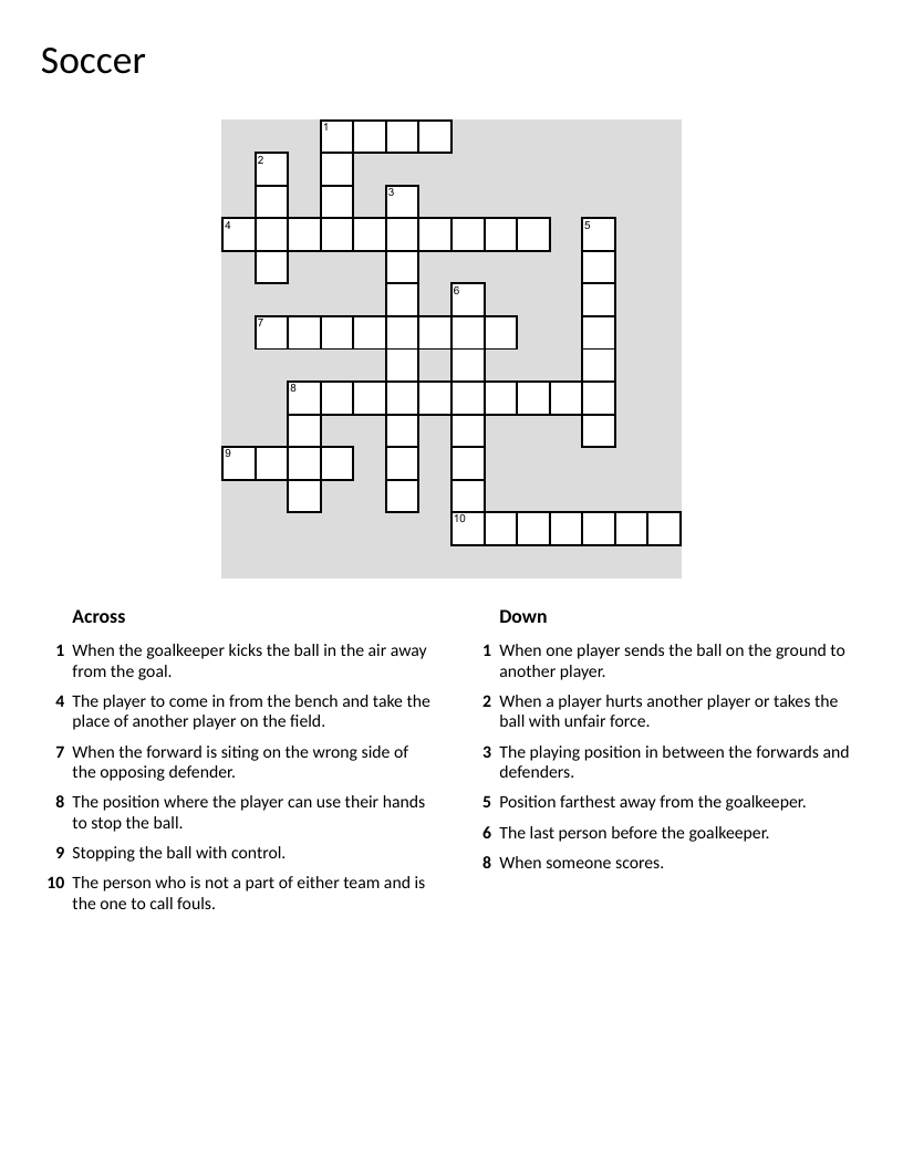 Soccer crossword puzzle with positions like goalkeeper, midfielder, and defender.