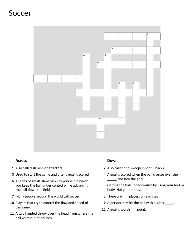 Soccer crossword with vocabulary: forwards, dribbling, goal line, kick-off.