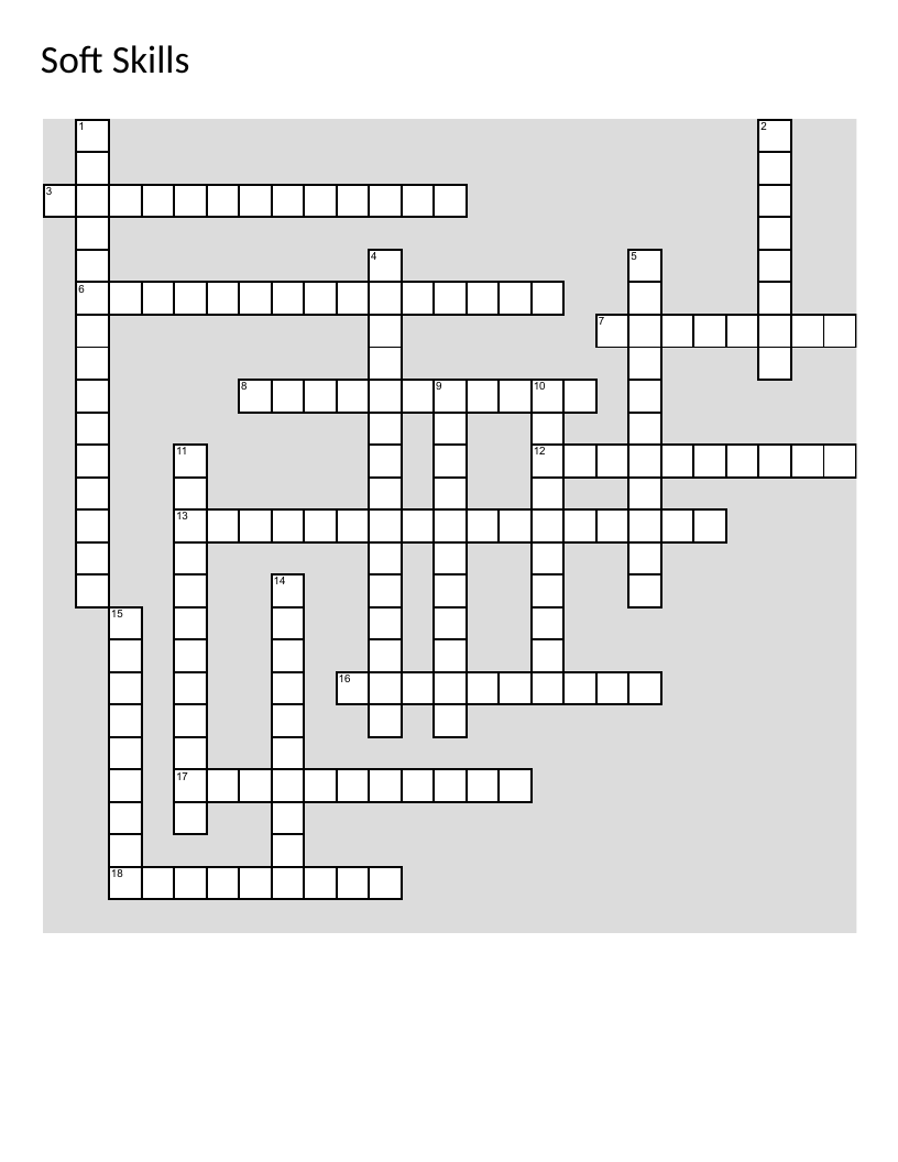 Soft skills crossword with vocabulary like communication, teamwork, and professionalism.