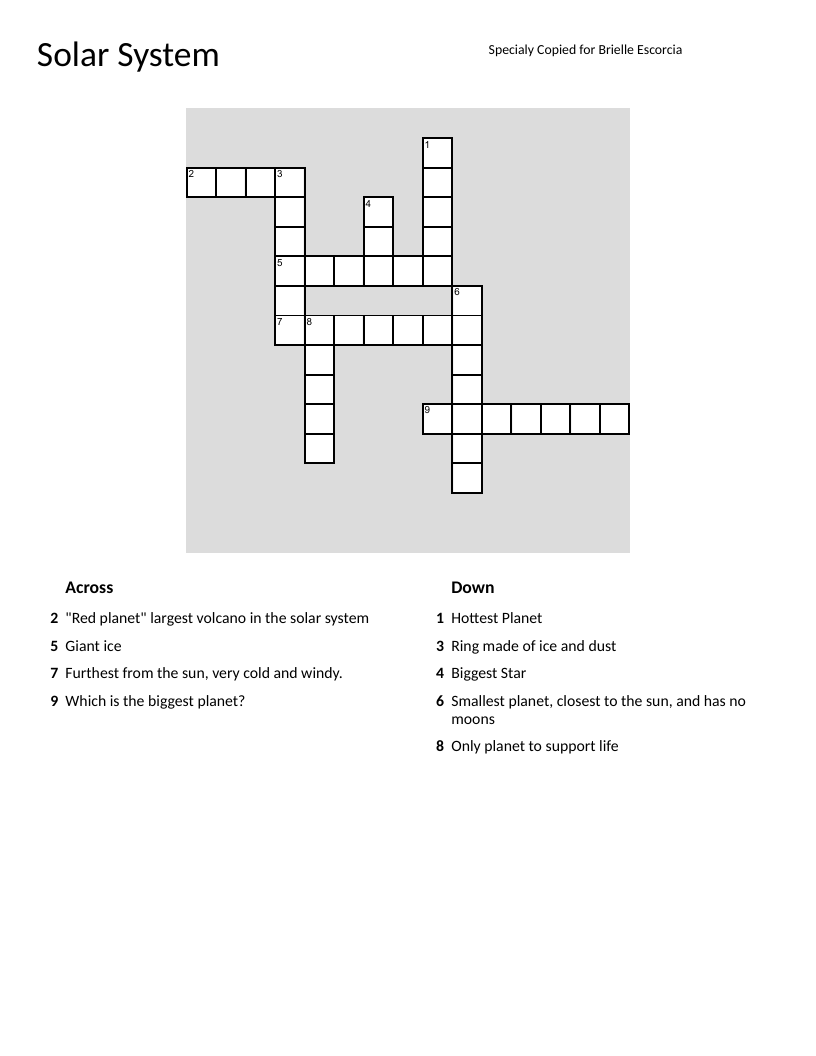 Solar system crossword with planets: Mars, Saturn, Jupiter, Venus, Neptune, Uranus, Earth, Mercury.