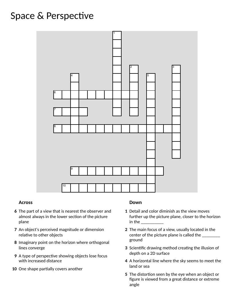 Art perspective crossword with vanishing point, foreshortening, and atmospheric perspective.