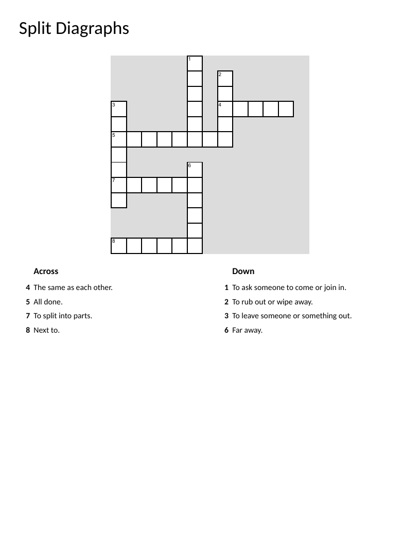 Split digraphs crossword with words like divide, complete, and erase.