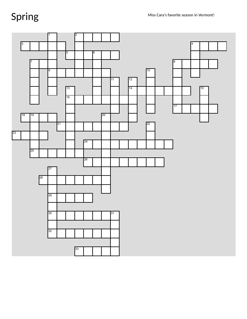 Spring crossword puzzle with flowers, animals, rain, and gardening for elementary students.