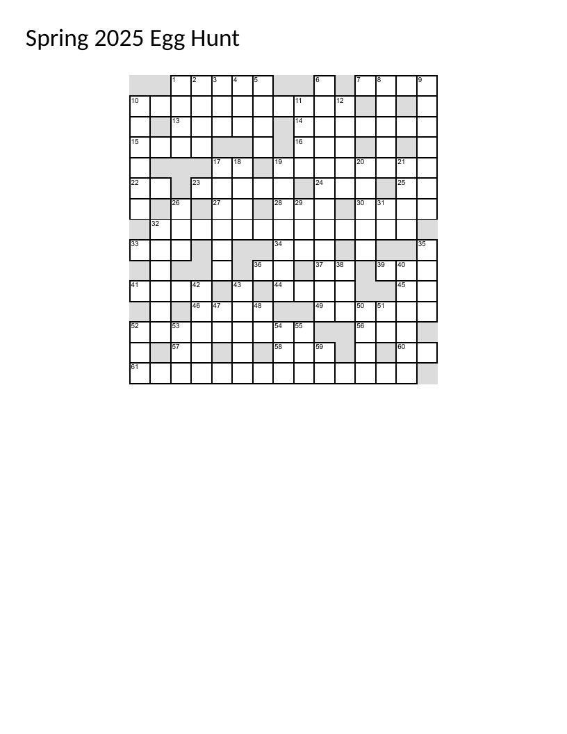 Spring egg hunt crossword with Easter, deviled eggs, and chocolate egg clues.