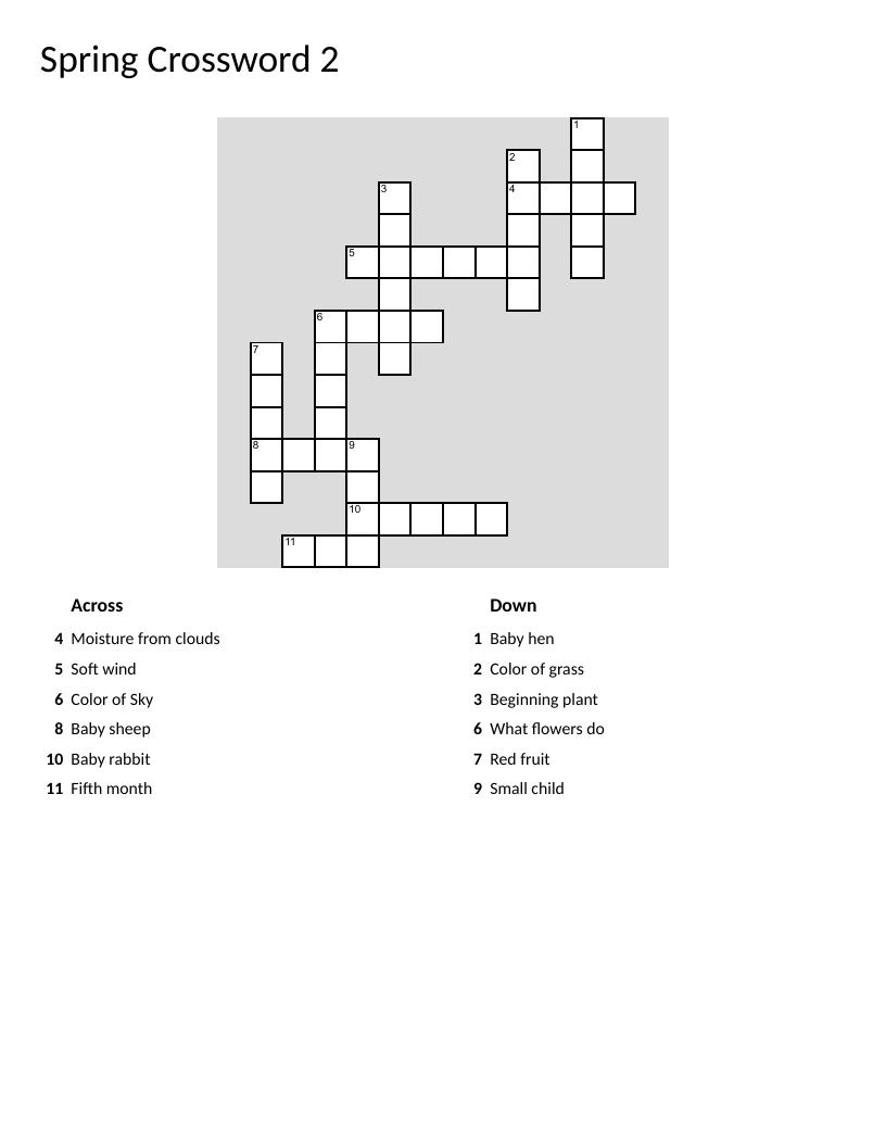 Spring crossword with weather, baby animals, and seasonal vocabulary for early learners.