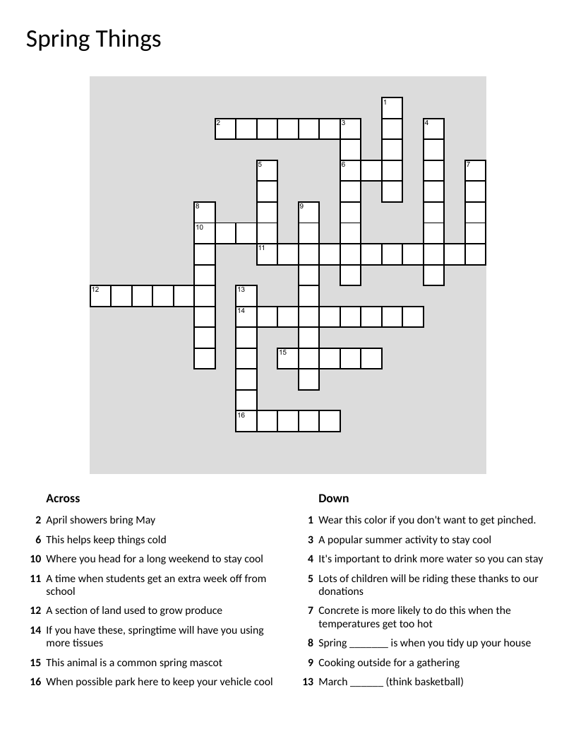 Spring-themed crossword with flowers, gardening, spring break, and seasonal activities.
