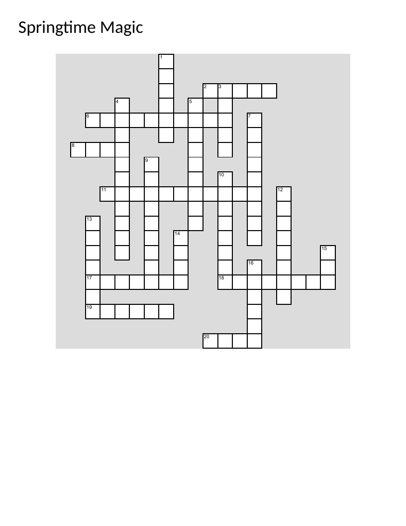 Spring crossword with flowers, butterflies, animals, and seasonal nature words.