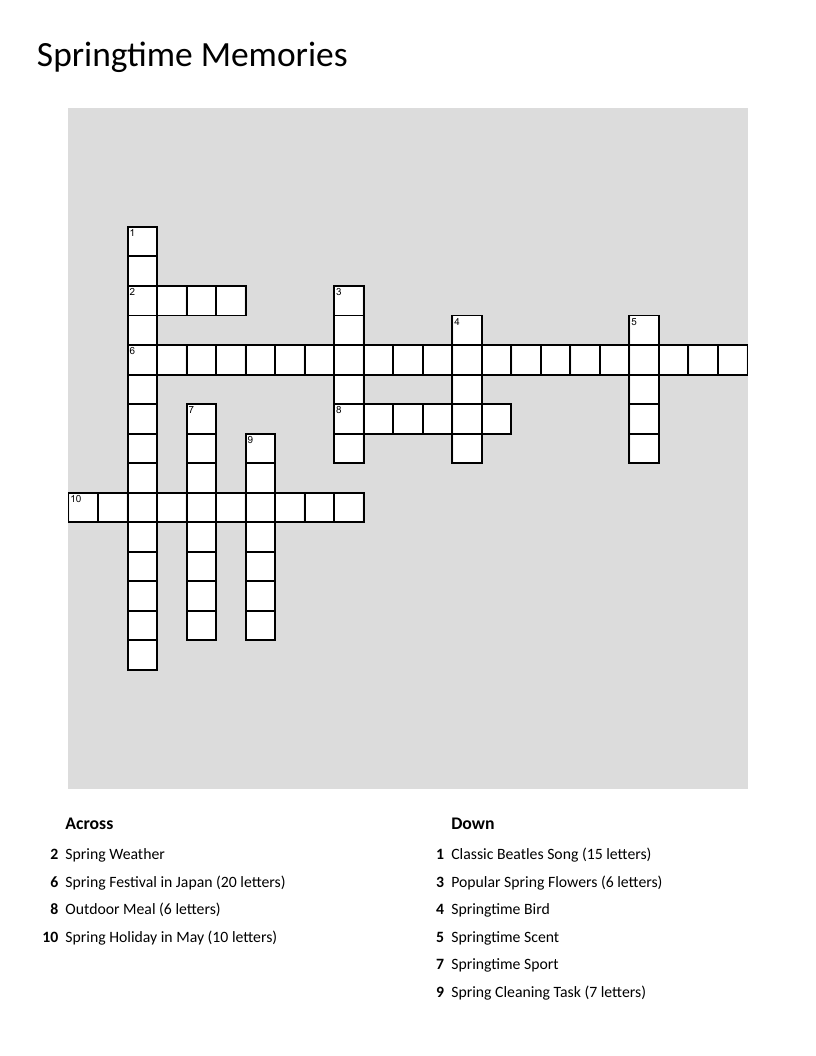 Springtime crossword puzzle with flowers, holidays, and spring activities for kids.