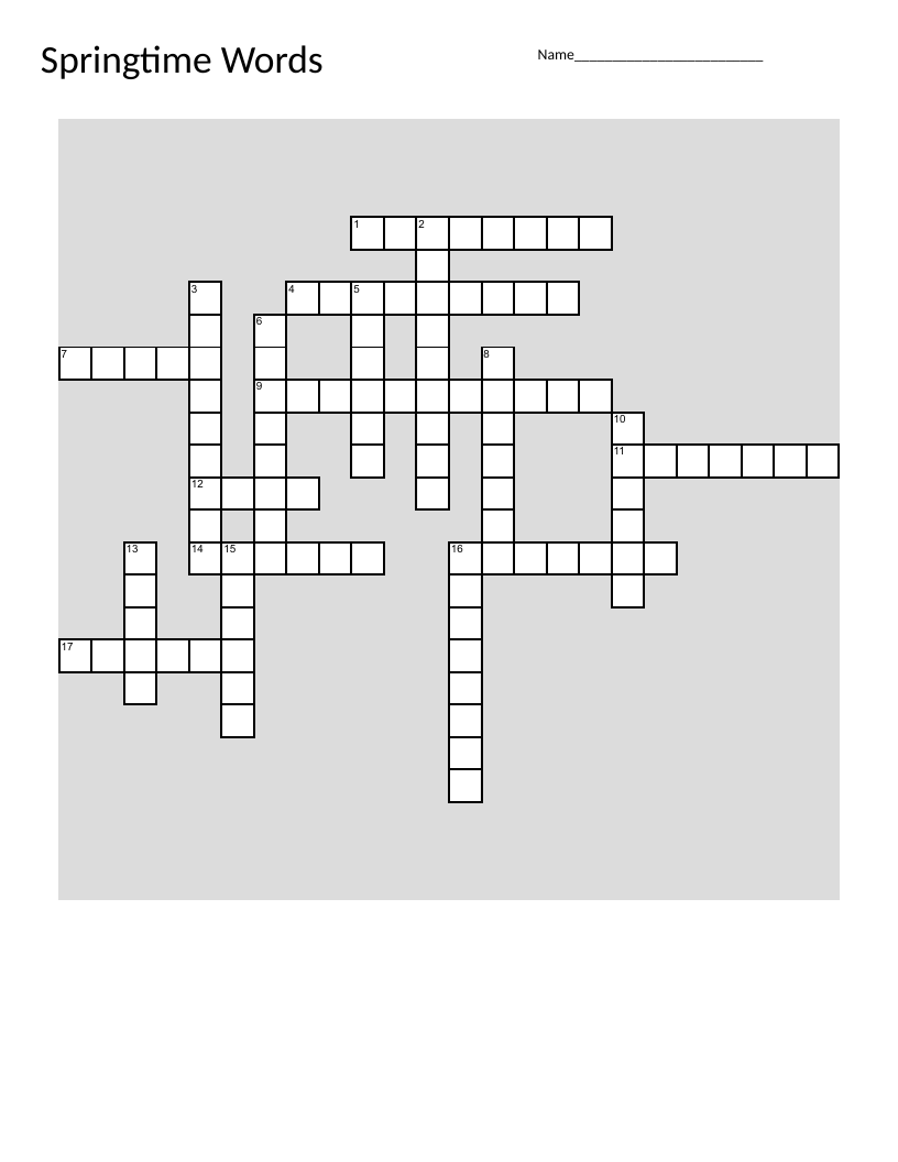 Spring vocabulary crossword with butterfly, rainbow, and garden.