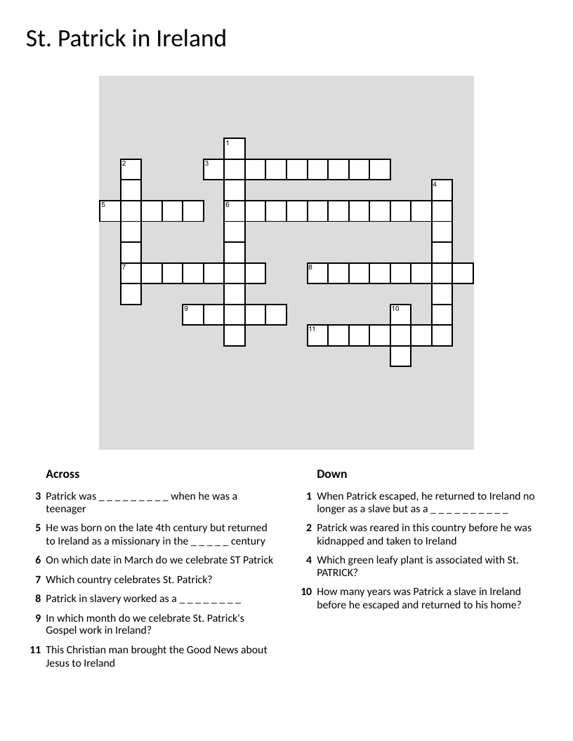 St. Patrick in Ireland crossword puzzle with clues about his life and missionary work.