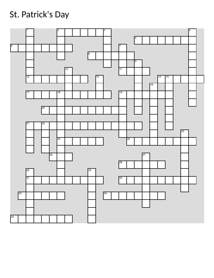St. Patrick's Day crossword with clues on leprechauns, shamrocks, and Irish traditions.