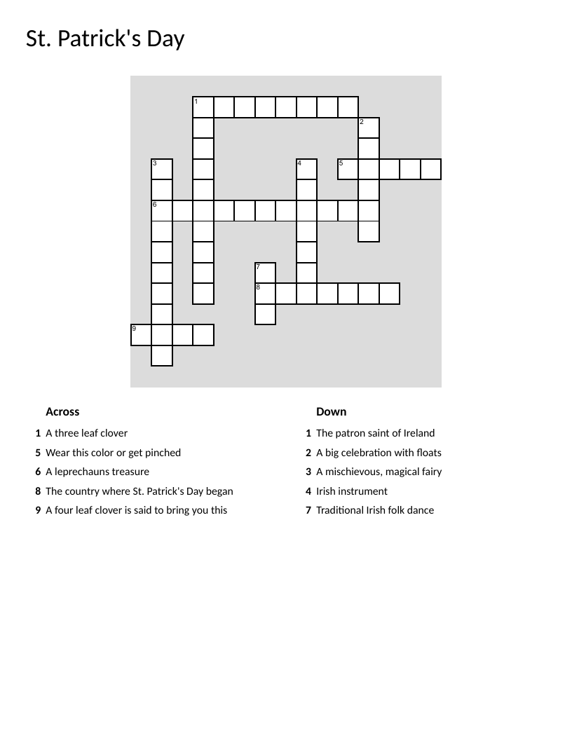 St. Patrick's Day crossword with shamrock, leprechaun, and Irish traditions.