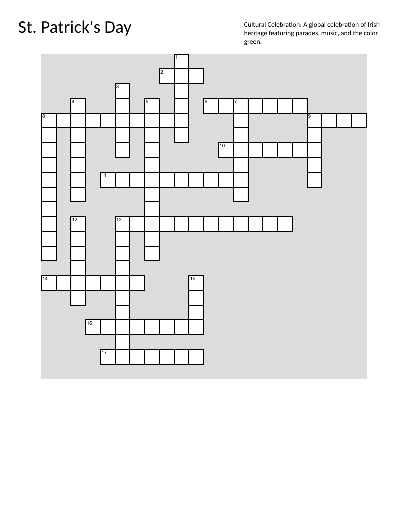 St. Patrick's Day crossword with leprechauns, shamrocks, and Irish traditions.