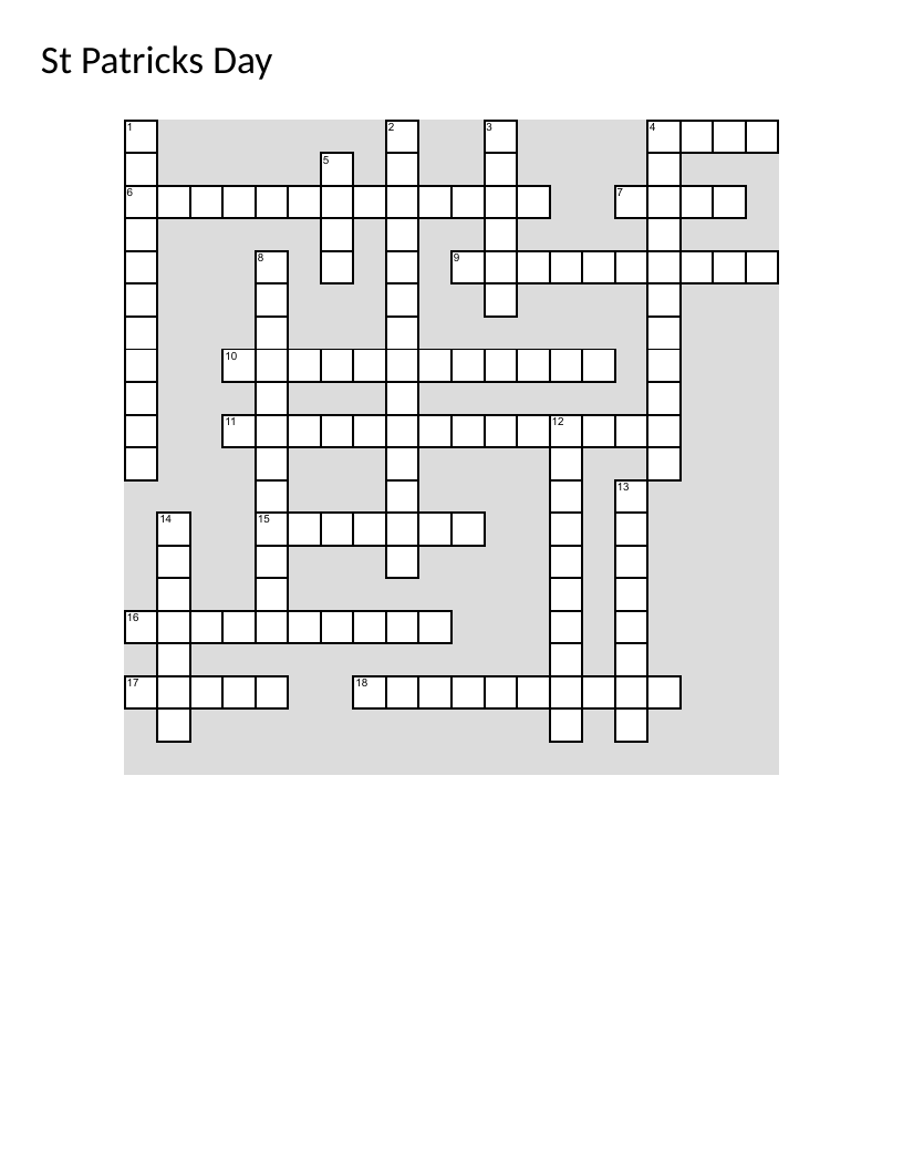 St. Patrick's Day crossword featuring Irish culture, shamrocks, and Riverdance.