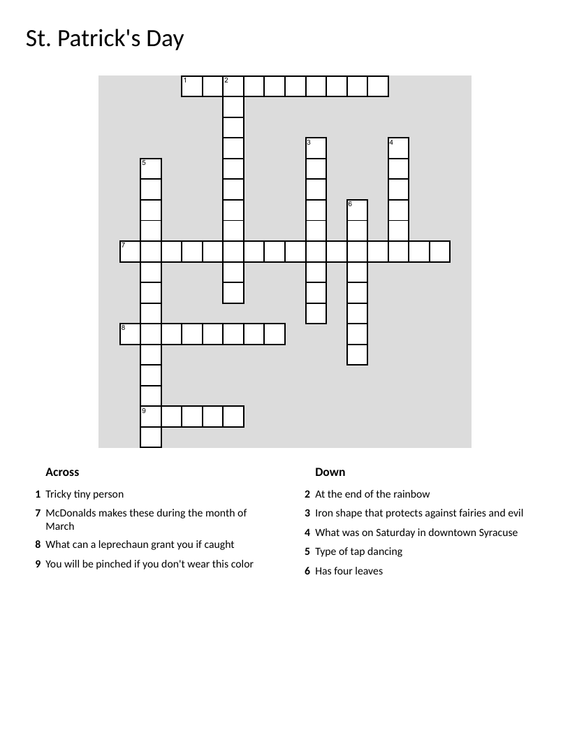 St. Patrick's Day crossword with leprechauns, shamrocks, and green.