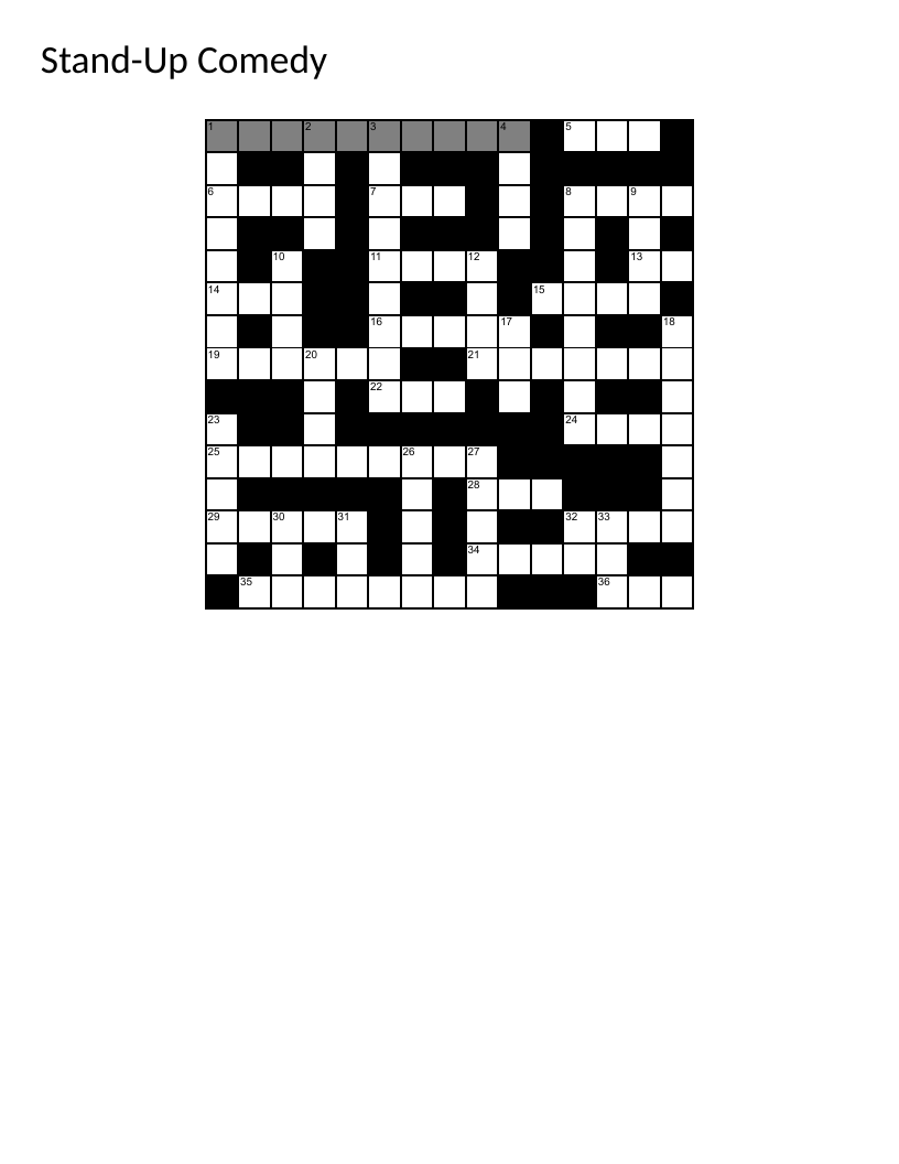 Stand-up comedy crossword with clues about comedians, SNL, and comedy terminology.