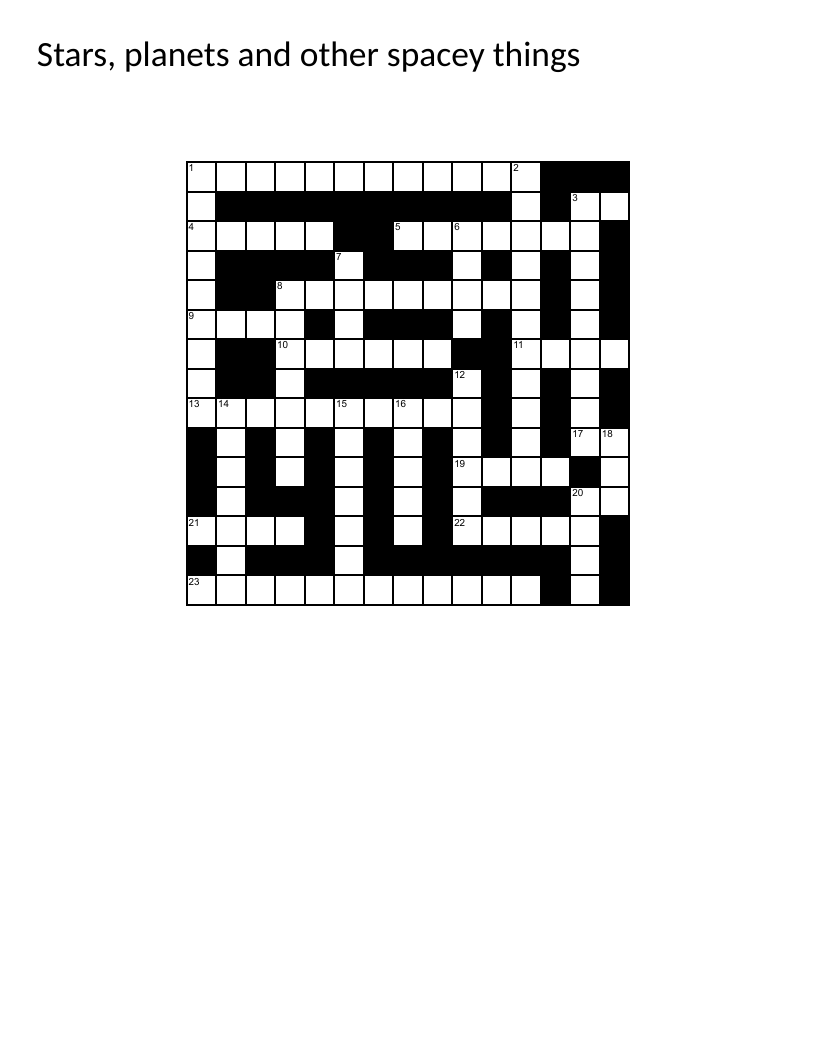 Astronomy crossword puzzle with planets, stars, space missions, and space science vocabulary.