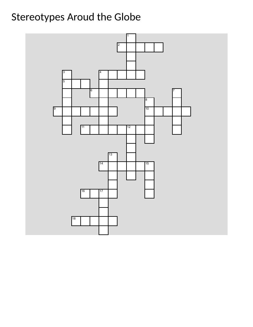 Stereotypes crossword puzzle exploring gender, race, nationality, and age-based biases.