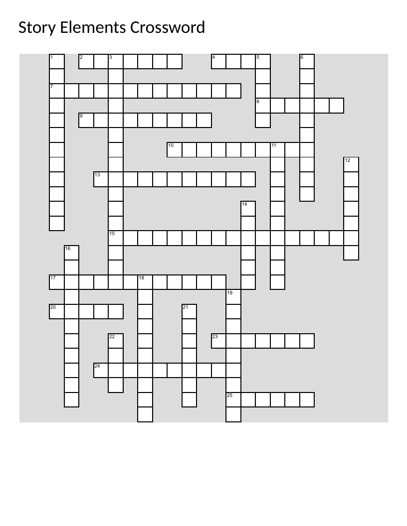 Story elements crossword with plot, characterization, point of view, and conflict.