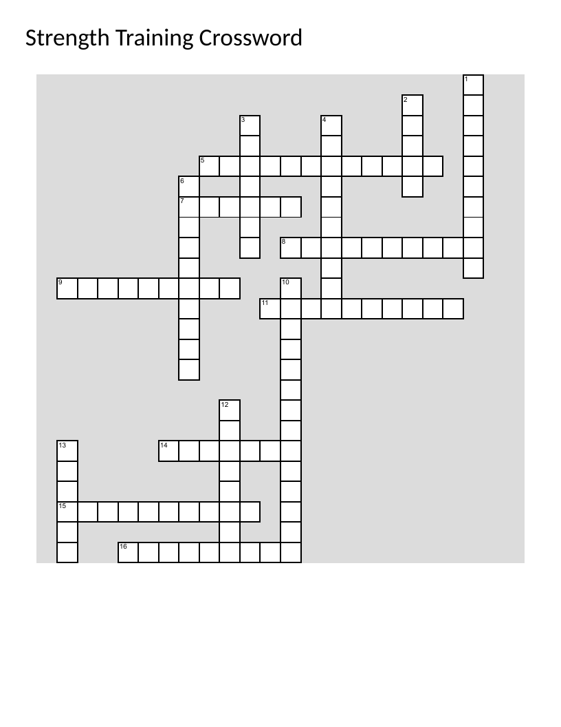 Strength training crossword with fitness vocabulary like biceps, bench press, and plyometric.