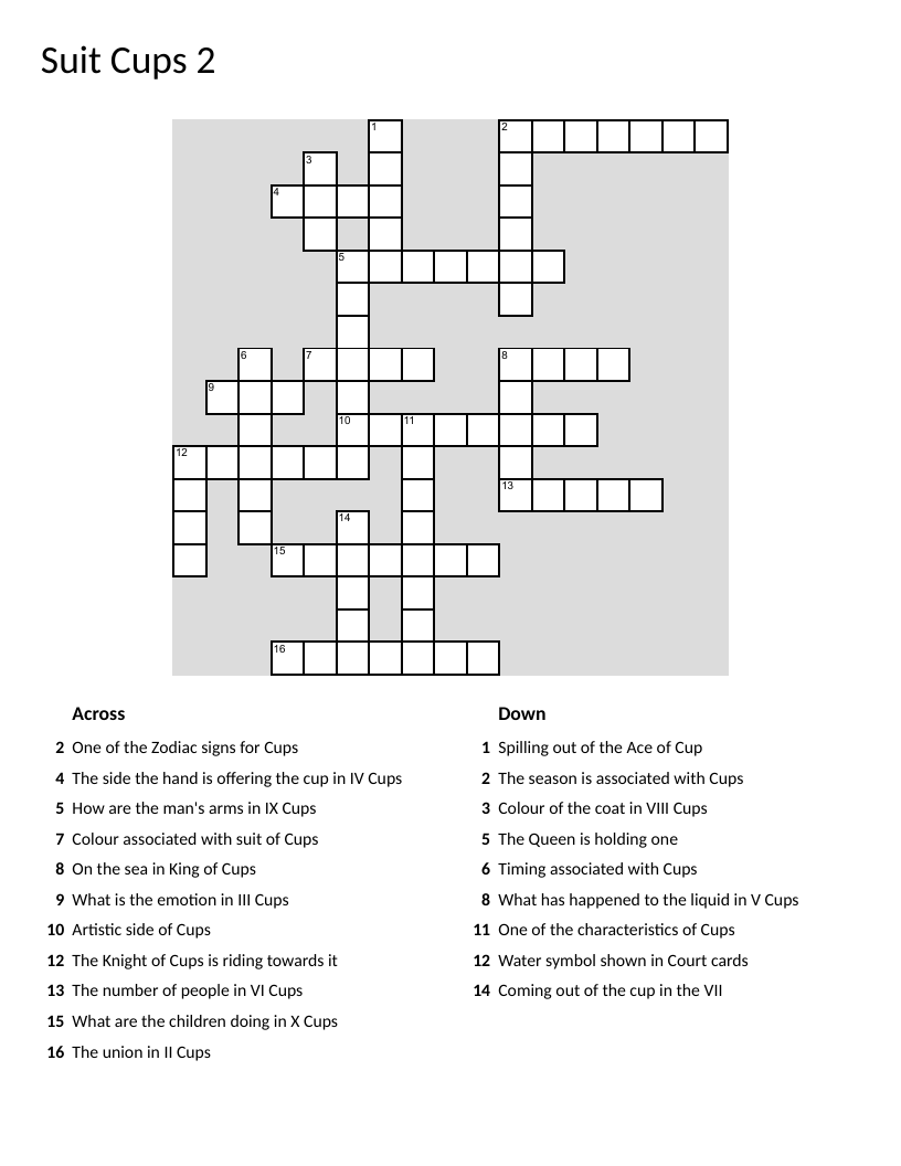 Tarot Cups suit crossword with arcana cards, emotions, and divination symbols.