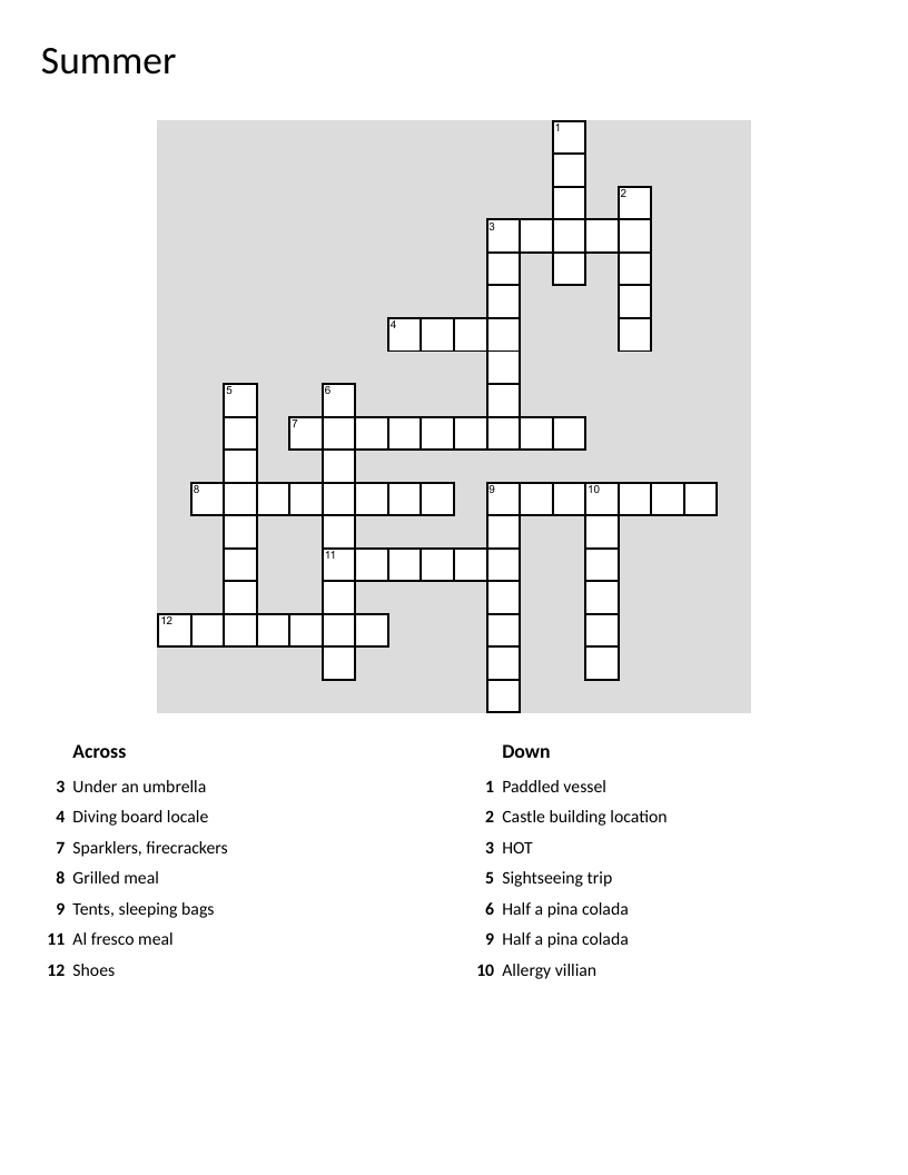 Summer activities crossword with beach, camping, barbecue, and vacation.