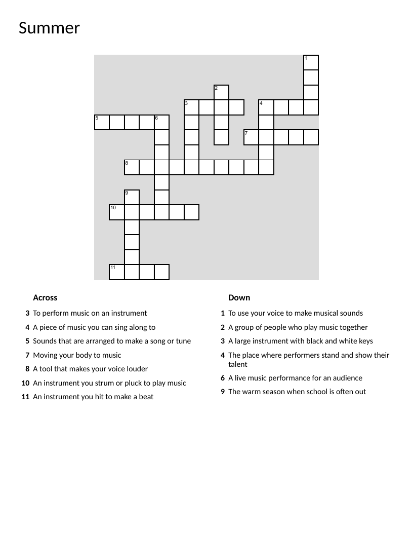 Summer music crossword with instruments, singing, and concert vocabulary.