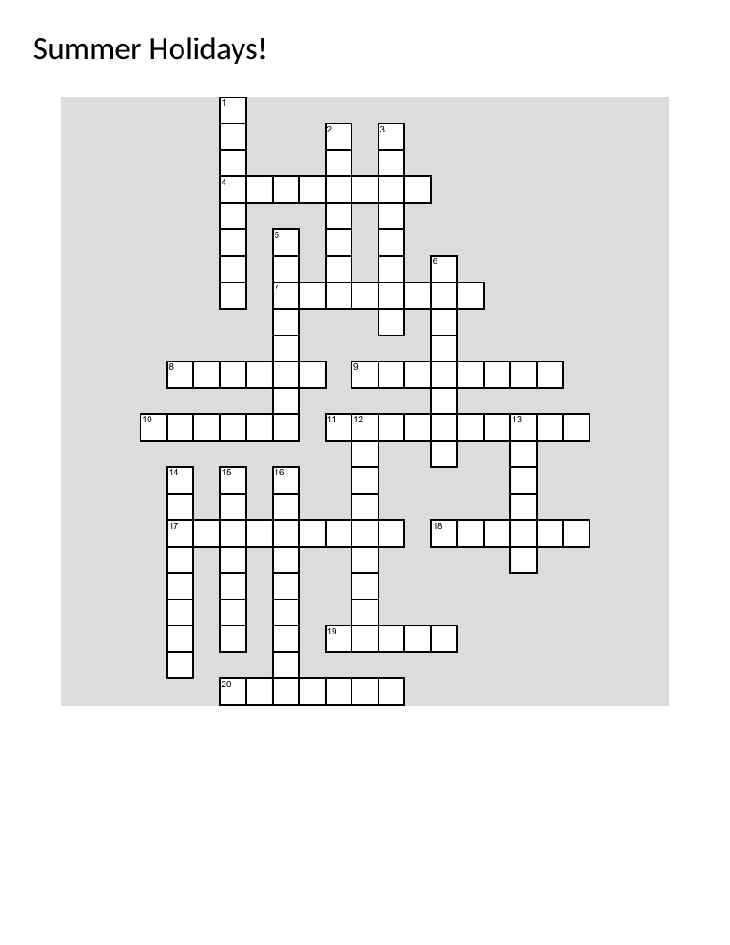 Summer holidays crossword with beach, camping, hiking, and ice cream vocabulary.