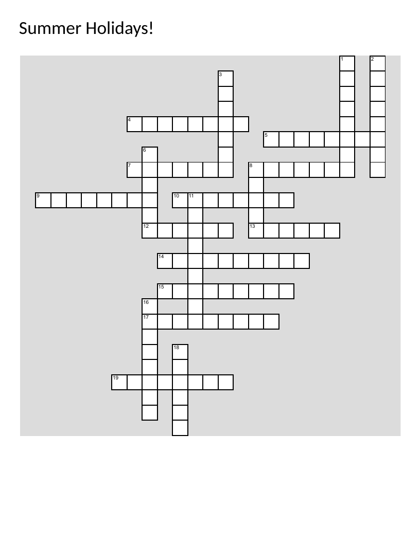 Summer holidays crossword with vocabulary like beach, camping, and adventure.