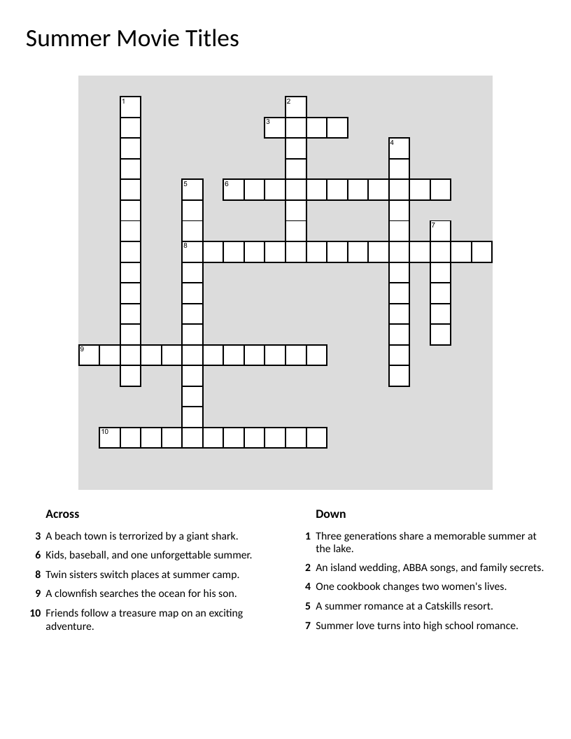 Summer movie titles crossword with Jaws, The Sandlot, Finding Nemo, Grease.