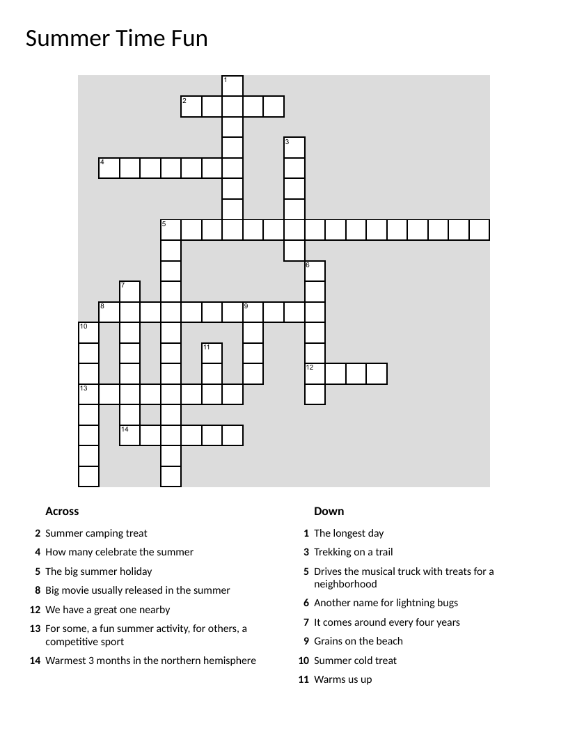 Summer crossword puzzle with camping, swimming, Independence Day, and s'mores.