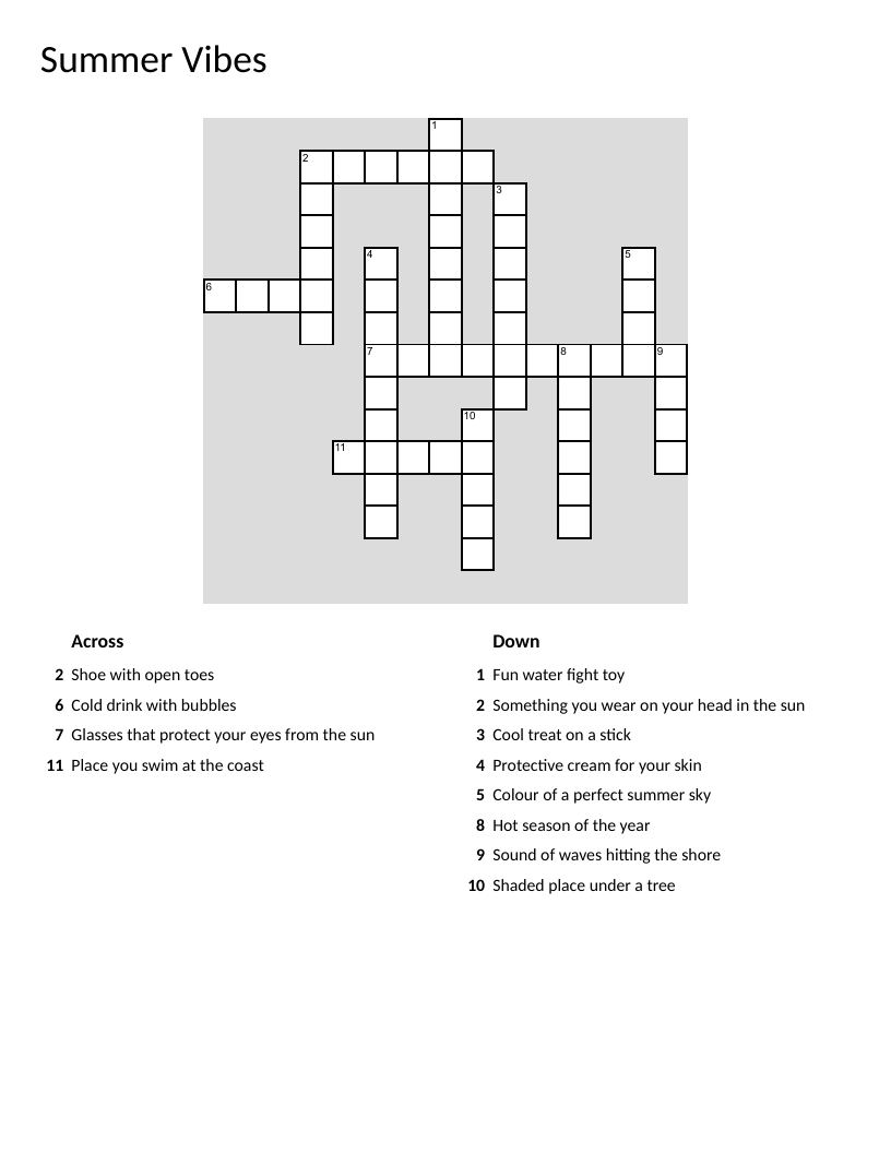 Summer crossword puzzle with beach, sunscreen, sandals, and warm-weather vocabulary.