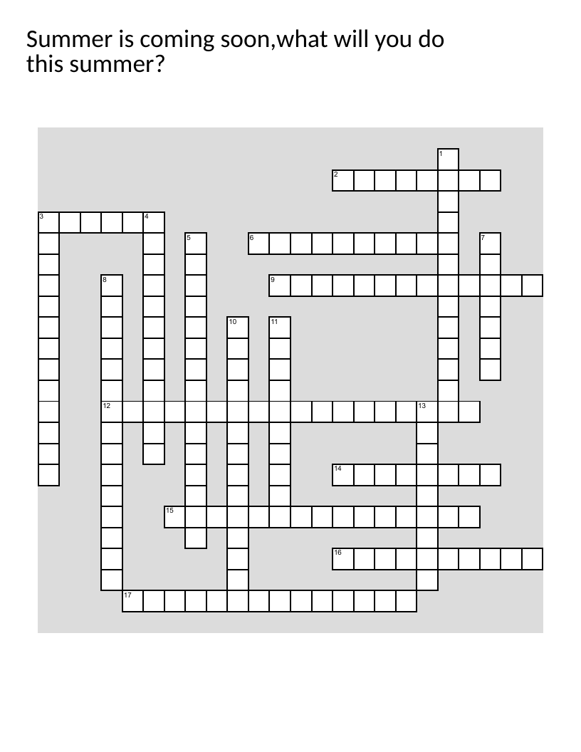 Summer activities crossword with vocabulary like beach, hiking, and bowling.