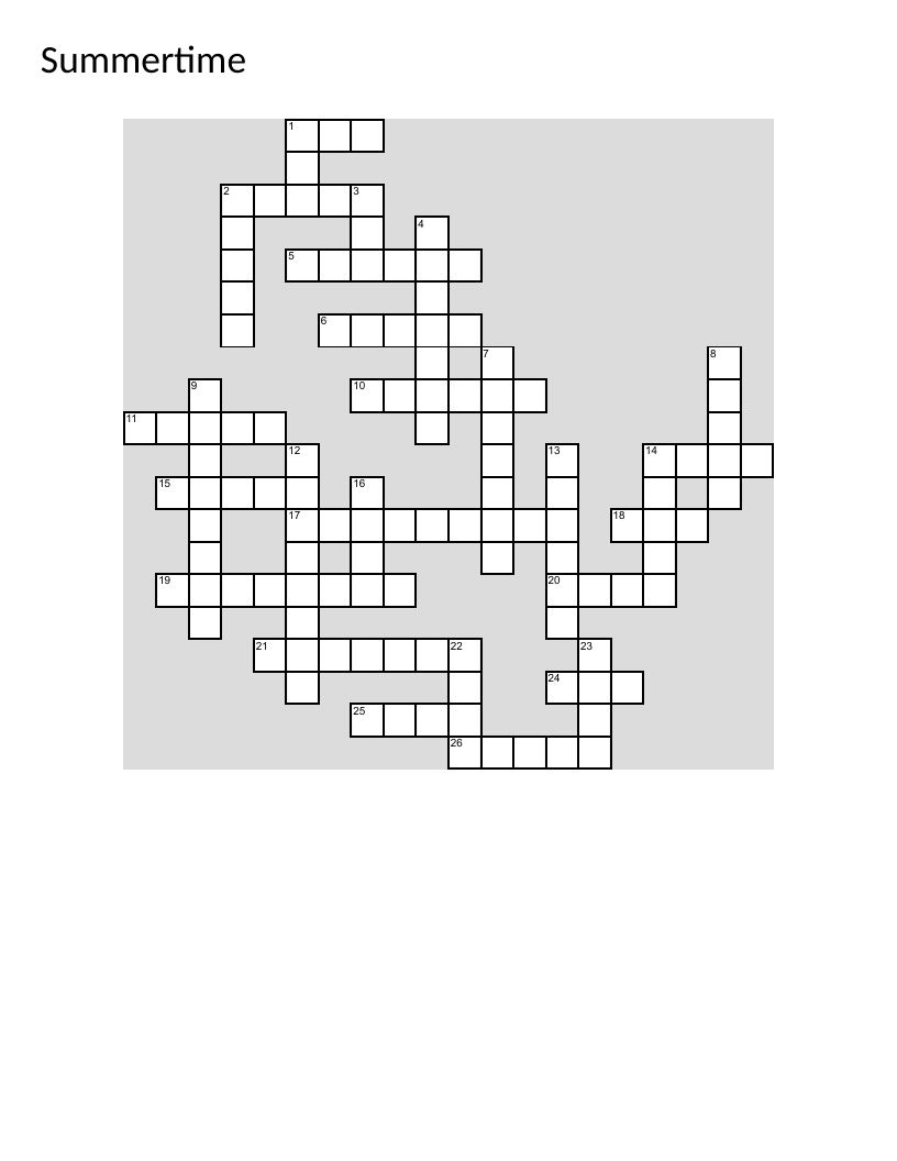 Summer-themed crossword with beach, camping, swimming, and vacation vocabulary.