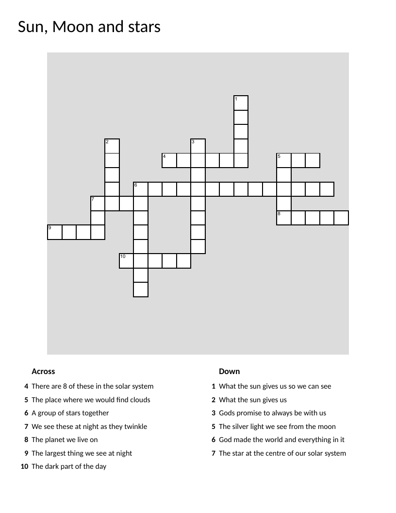Astronomy crossword with sun, moon, stars, planets, and constellations for young learners.