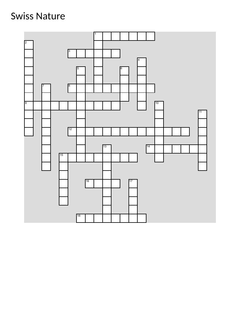 Swiss alpine nature crossword with bearded vulture, chamois, lynx, and alpine flowers.