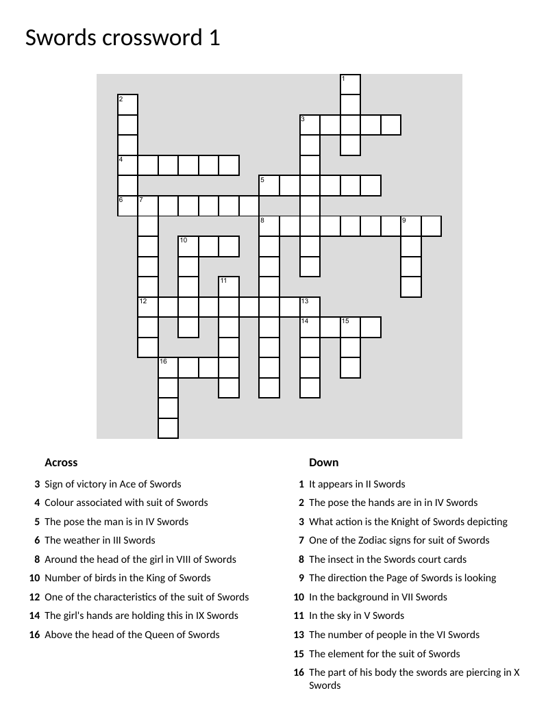 Tarot Swords suit crossword with card imagery, moon, and butterfly symbols.