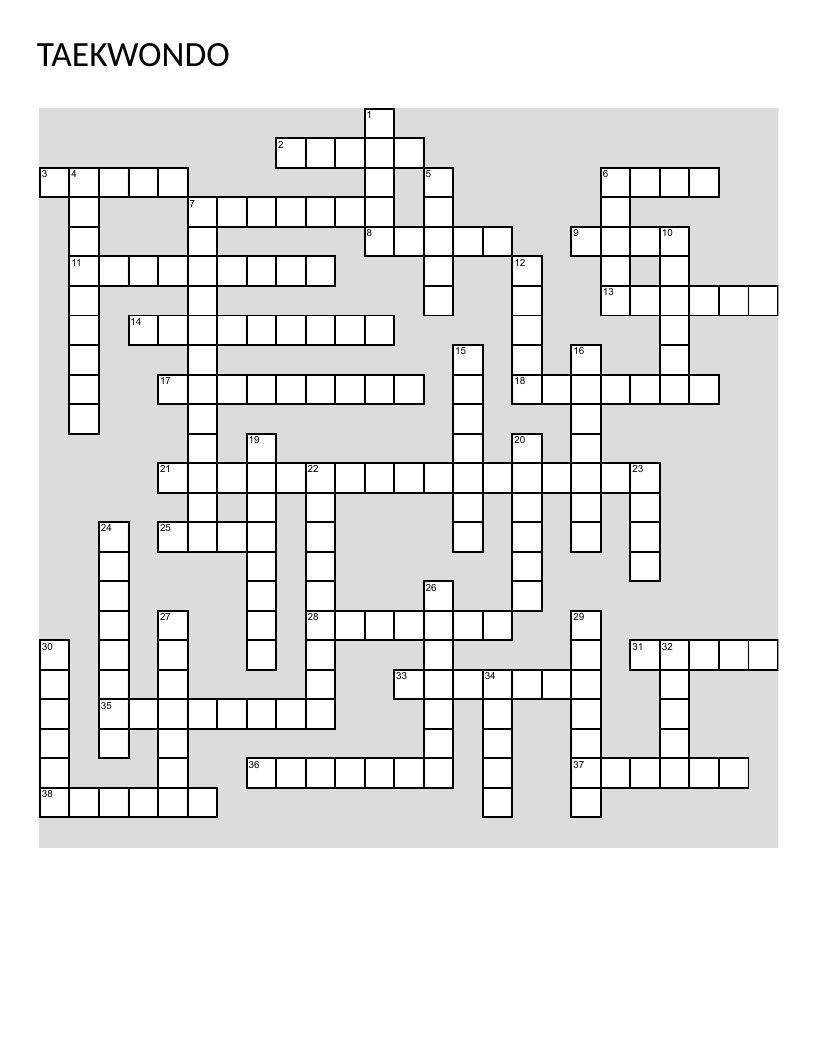 Taekwondo crossword puzzle with martial-arts terminology and discipline values.