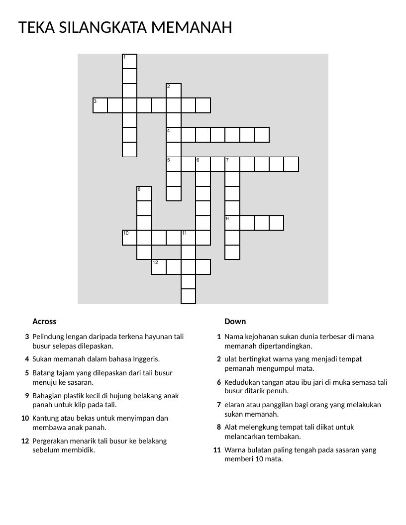 Archery crossword puzzle with Malay clues covering equipment and sport terminology.