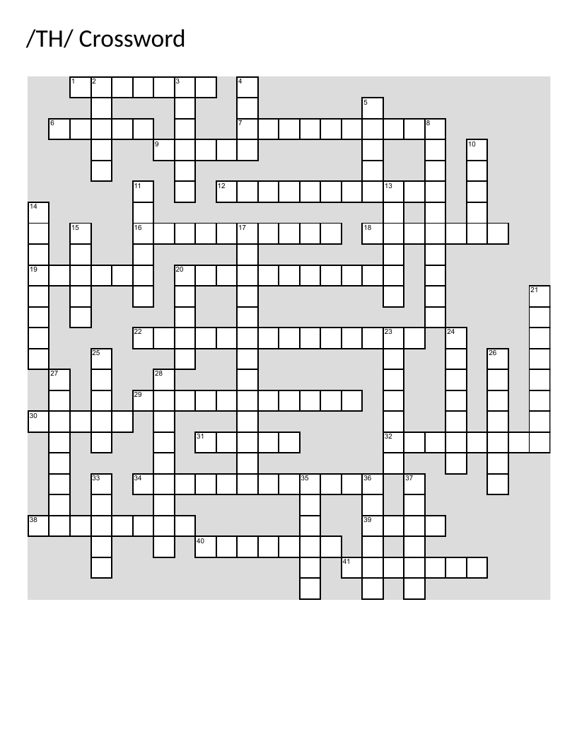 TH sound crossword with words like throat, thunder, and thermometer.