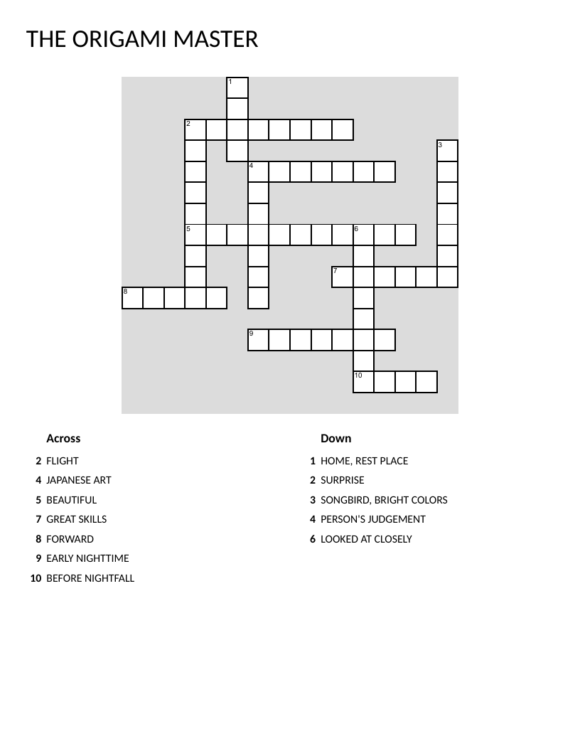 Origami master vocabulary crossword with Japanese paper-folding art theme.