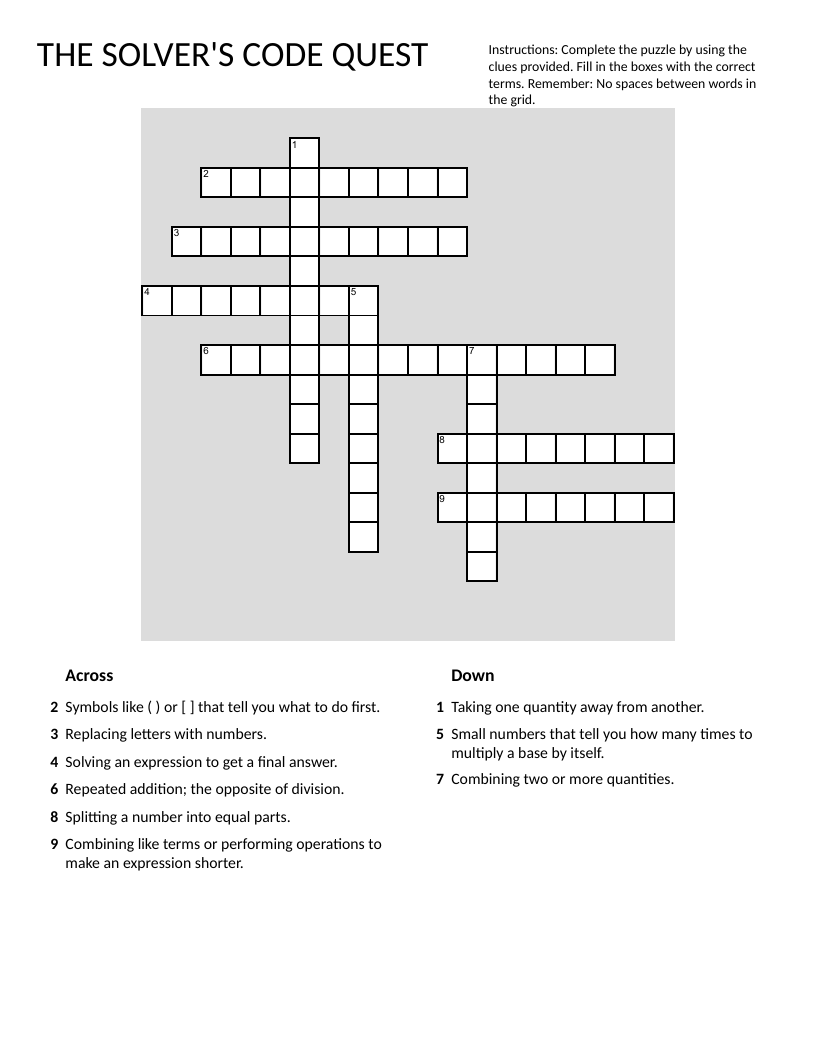 Math operations crossword puzzle with addition, multiplication, division, and exponents.