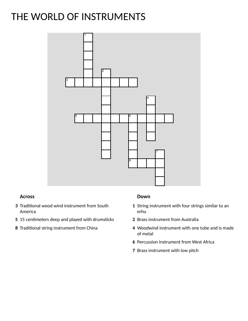 World instruments crossword with didgeridoo, djembe, violin, and panpipes.