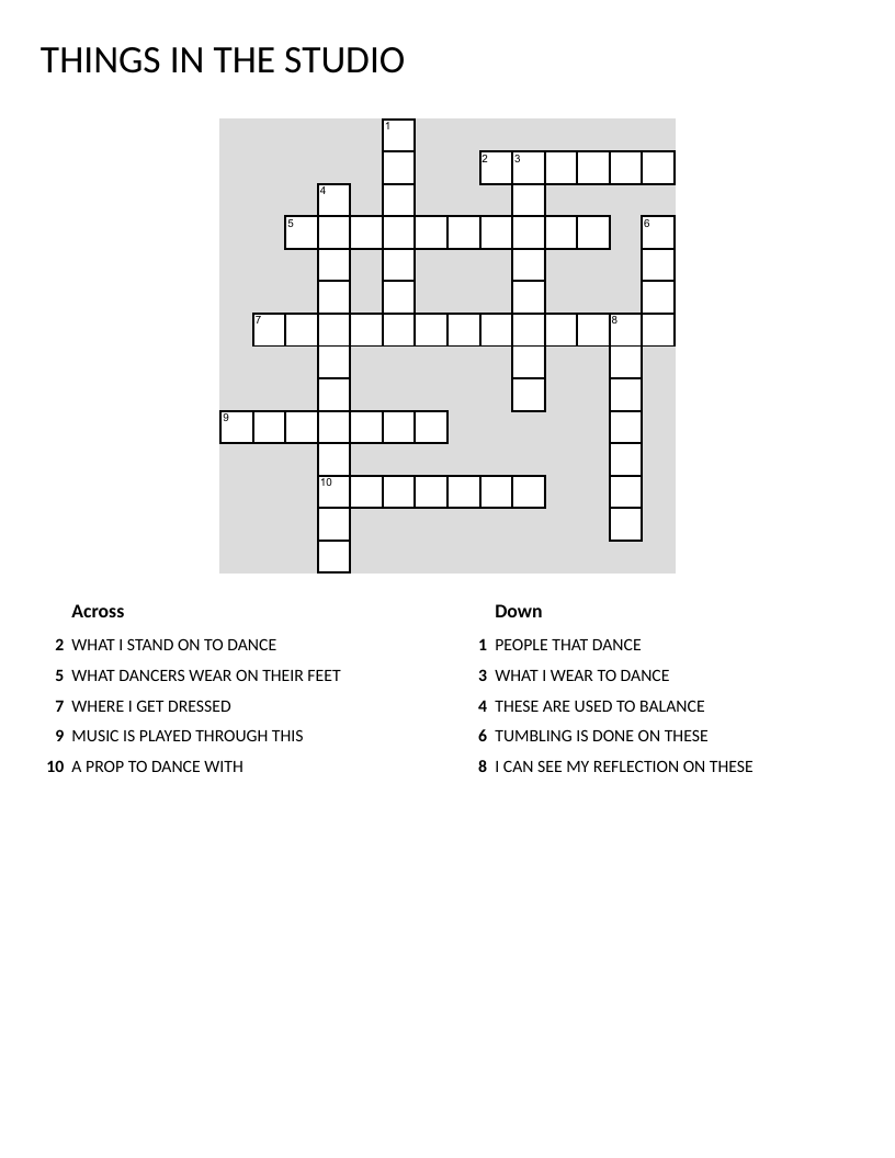 Dance studio crossword with vocabulary for ballet barres, leotards, and mirrors.