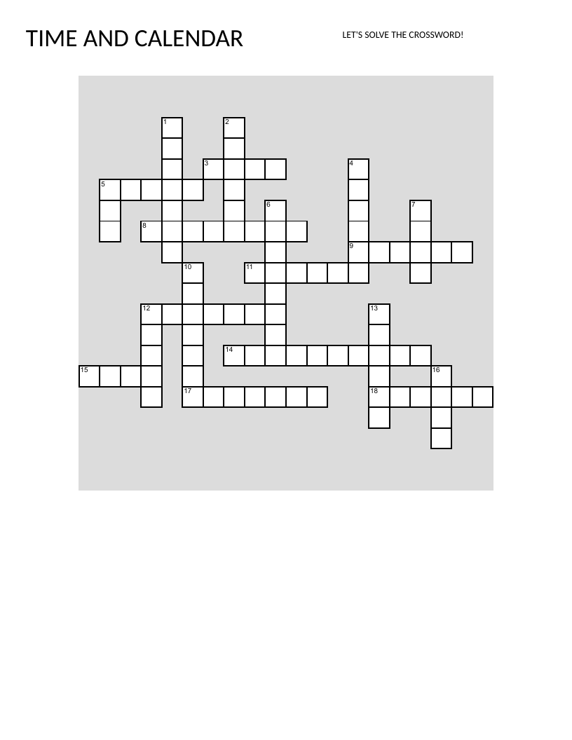 Time and calendar crossword with clock, leap year, and months vocabulary.
