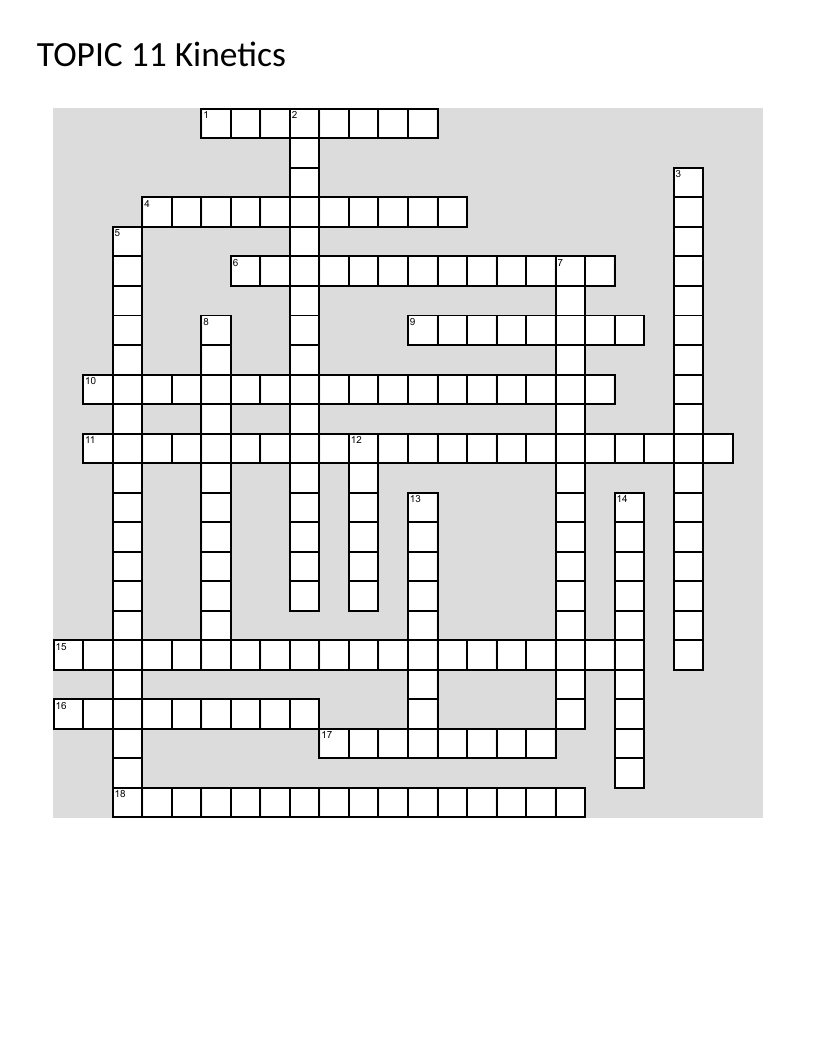 Chemical kinetics crossword with terms like catalyst, reaction rate, and activation energy.