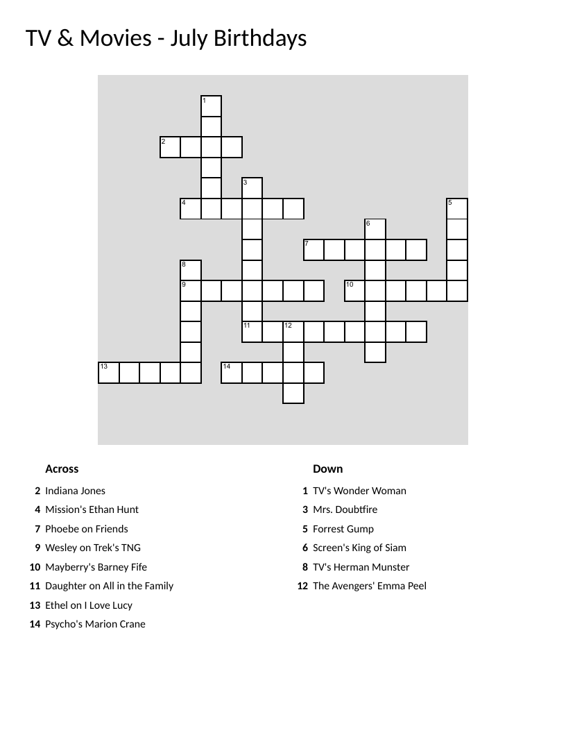 July birthdays crossword puzzle featuring TV and movie actors.