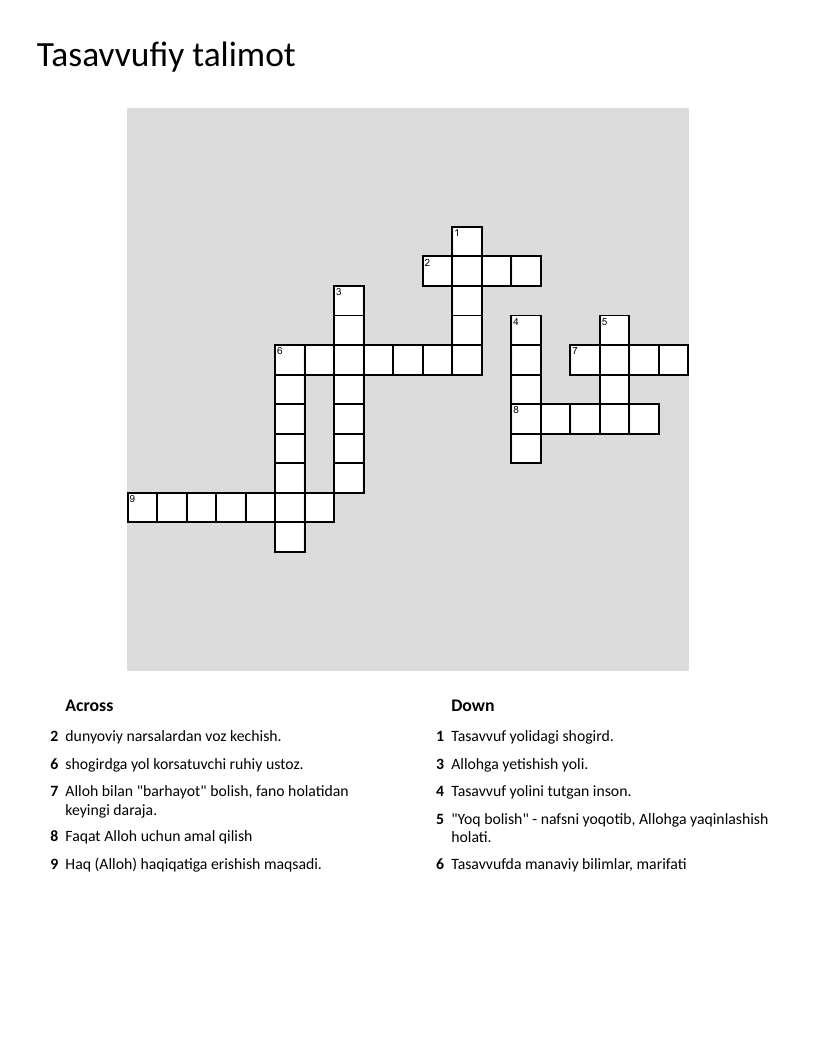 Islamic mysticism crossword in Uzbek with spiritual terminology.